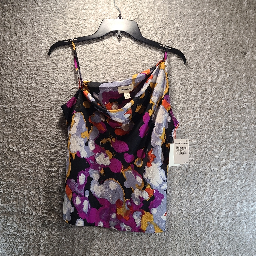 Open Edit Women Strappy Sleeve Multicolor Cowl Neck Blouse Size XS Polyester NWT